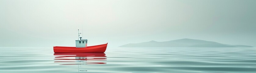 Naklejka premium Red fishing boat with white details floating on simple, stylized waves, minimalist art style, flat design, soft color palette, serene and clean composition 8K , high-resolution, ultra HD,up32K HD