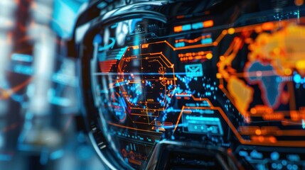 Futuristic digital interface with holographic display elements and data visualization in a technology-themed setting.