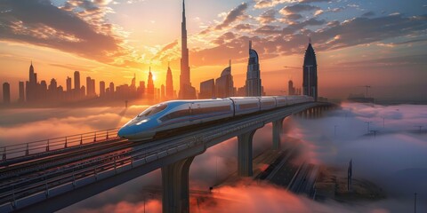 high-speed train on bridge above the clouds, Dubai skyline in the background at sunrise, ultra-realistic photography in the style of unknown artist