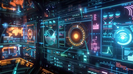 Futuristic digital interface with vibrant holographic elements, showcasing advanced technology and data visualization in a high-tech environment.