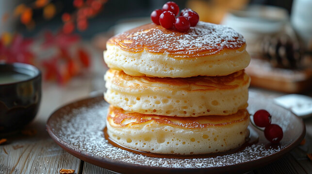 Closeup on a plate with fluffy Japanese souffle pancakes with berries and refined sugar on top