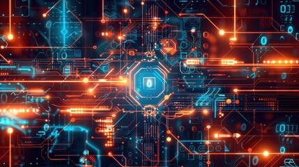 Futuristic digital network interface displaying complex data and glowing circuit patterns, representing advanced technology and cybersecurity.
