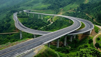 Winding Highway Overpass Through Lush Mountainous Countryside