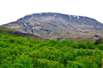 Naklejka premium Magical landscapes of Iceland. Majestic snow-capped mountain peak towering over a lush green forest under a clear blue sky