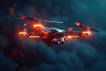 futuristic drone hovering in dark night sky with glowing red navigation lights 3d illustration