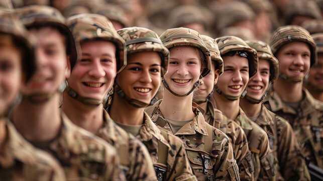 A group of smiling soldiers in camouflage uniforms and helmets standing in formation, showcasing camaraderie and team spirit.
