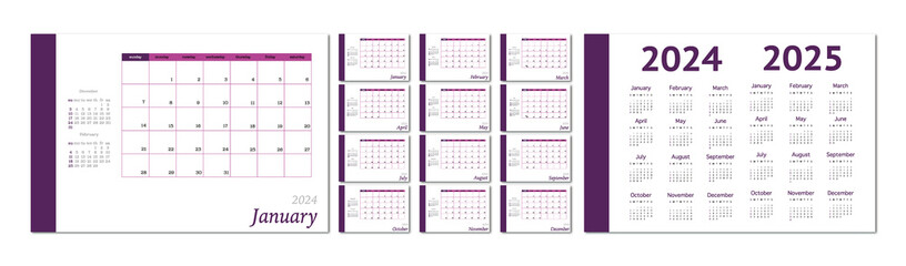 Flat illustration. Calendar for 2024 on a light background. Ideal for the design of your workplace...