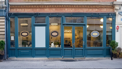 vintage blue boutique facade mockup template , brickwall 