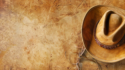 cowboy style flatlay - top down view of hat with suede background. Copyspace