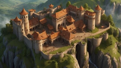 Illustration of a colorful sketch of a medieval castle