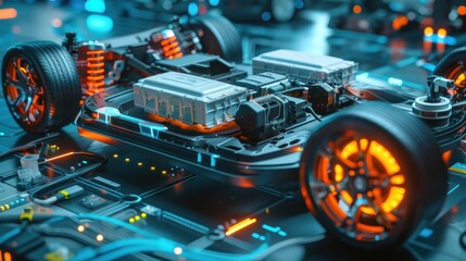 Obraz premium Futuristic electric car chassis with illuminated components and advanced technology on a high-tech circuit board background.