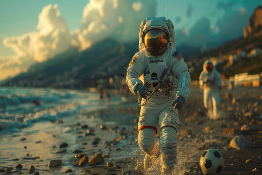 Astronaut playing football on the beach