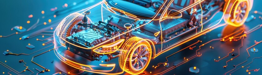 Fototapeta premium Futuristic electric car concept with glowing neon lights and transparent design showcasing internal components on a digital background.