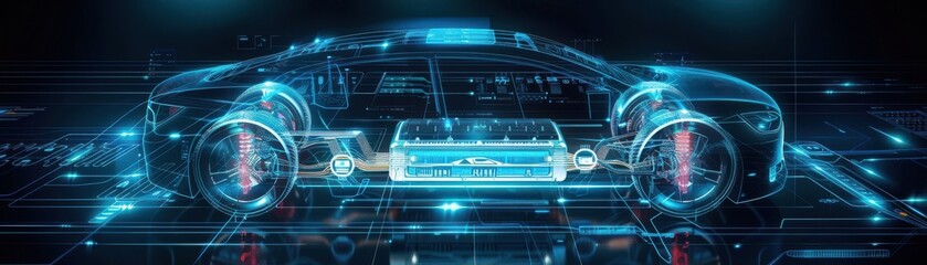 Futuristic electric car concept with transparent view showcasing battery and technology components in a digital blue neon environment.