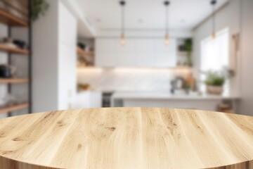 Blurred view of kitchen with empty wooden table