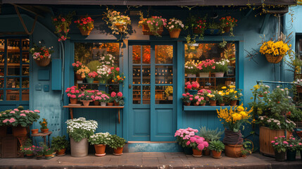 A charming flower shop with a colorful array of potted flowers and plants displayed outside, set against a vibrant blue facade.
