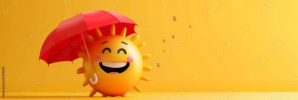 Aufkleber a 3d rendering of a happy sun emoji holding a red umbrella against a yellow background. the sun is s
