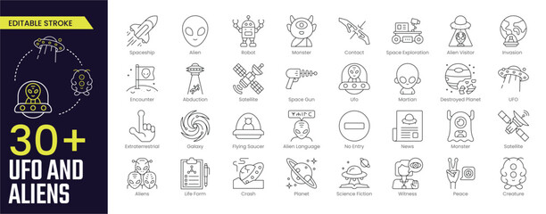 UFO and aliens Stroke icon collections. Containing alien, spaceship, encounter, invasion, space gun, martian, creature, Area 51 and more. Stroke icon collection Outline icon