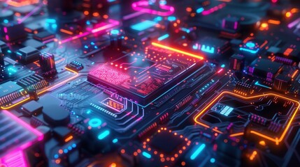 Obraz premium Futuristic neon-lit circuit board showcasing advanced technology, innovation, and modern electronic components in vibrant colors.