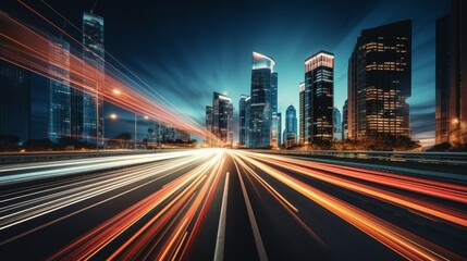 Naklejka premium Light trails on the modern building background. Light trails at night in urban environment, Abstract Motion Blur City, traffic, transportation, street, road, speed