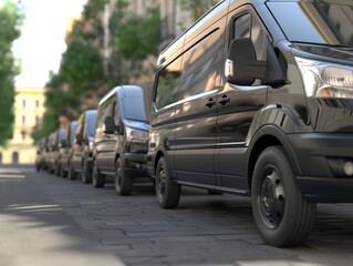 Delivery vans are parked in rows. Commercial Shipping service company, delivery of vans in a row