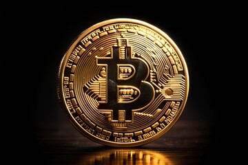 Golden Bitcoin Cryptocurrency Coin on Black Background.