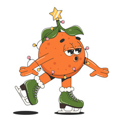 Mandarin cartoon character skating. Isolated vector Illustration in retro groovy style. Merry Christmas and Happy New Year celebration.