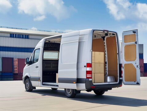 Delivery van are parked in port. Commercial Shipping service company, delivery of van