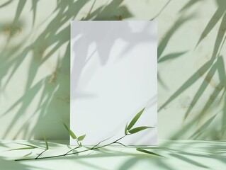 Summer display scene. Blank paper on light green wall in sunlight. Young bamboo leaves leaves, branches shadows