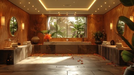 A Tranquil Oasis of Warmth and Natural Light in a Luxurious Spa Bathroom. Generative AI