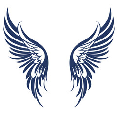 A pair of large, detailed blue angel wings spread out against a white background