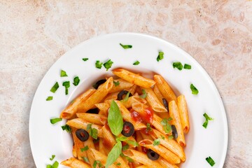 Delicious plate of tasty italian pasta noodles dish