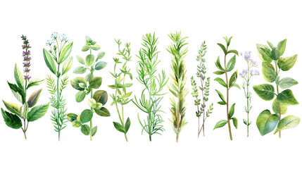 a herb garden clipart, culinary plant collection, watercolor illustration, pastel, isolated on Transparent background