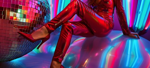 Woman in a shiny red outfit with high heels sitting on a disco ball