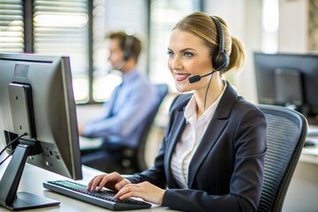 A smiling call center agent wearing a headset, seated at a computer, providing excellent customer service. Ideal for business websites, customer support training materials, and corporate presentations