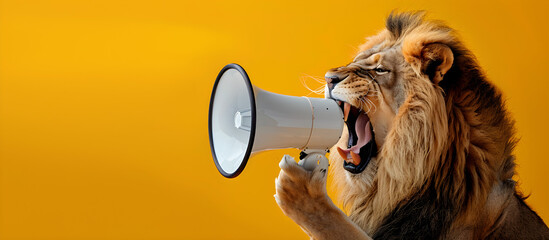 Lion roaring into a white megaphone on a yellow background, with ample copy space for text. Suitable for advertising, marketing, and promotional material.