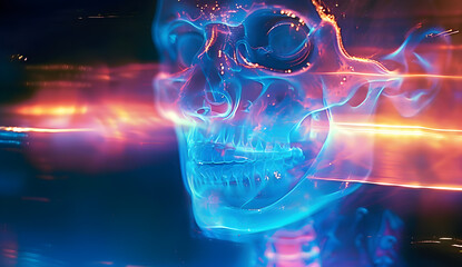 Holographic effect on a blue x-ray skull with neon glowing lights. Suitable for futuristic, artistic, and medical designs. Bright colors and dynamic composition.
