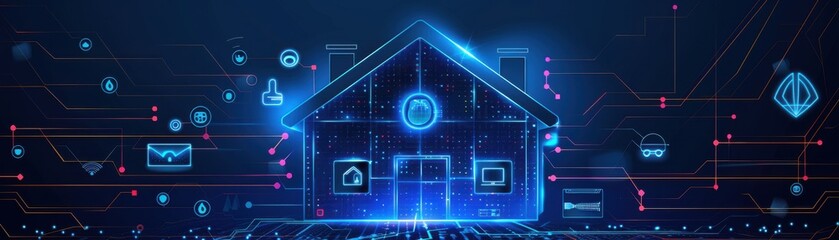 Naklejka premium Futuristic smart home interface with glowing holographic icons and digital connections, representing advanced technology and automation.