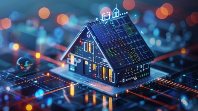 Futuristic smart home model with solar panels, surrounded by a network of glowing technology connections. High-tech innovation concept.
