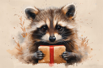 Obraz premium Baby raccoon with a gift, watercolor skateboard.