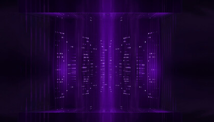 Fototapeta premium Empty dark stage with cosmic neon purple glow.