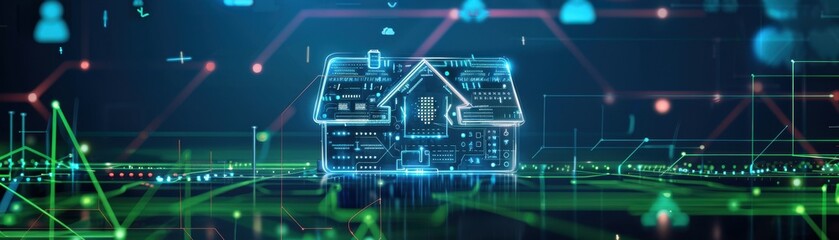 Futuristic smart home technology concept with digital interface overlaying a house silhouette on a dark background.