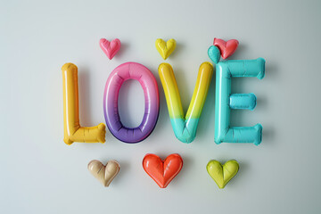 Naklejka premium A colorful balloon bouquet with the word LOVE written in the middle