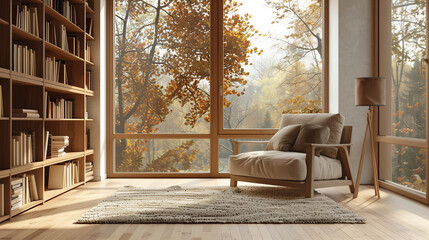 A warm Scandinavian reading nook featuring a comfortable armchair, wooden bookshelves, and abundant natural light, creating a serene atmosphere.