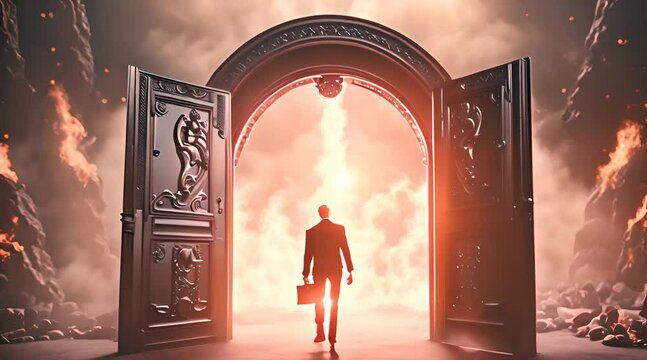 Business man standing in front of hell gate