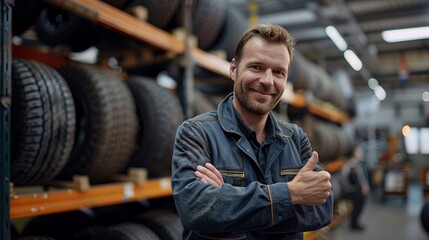 Man with a tire giving a thumbs up in front of a tire display in an automotive shop, clean and detailed, professional setting, business trip maintenance 8K , high-resolution, ultra HD,up32K HD