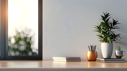 A minimalist workspace with potted plants, books, and writing supplies by a window with natural light. Ideal for home office or study area designs with available copy space.