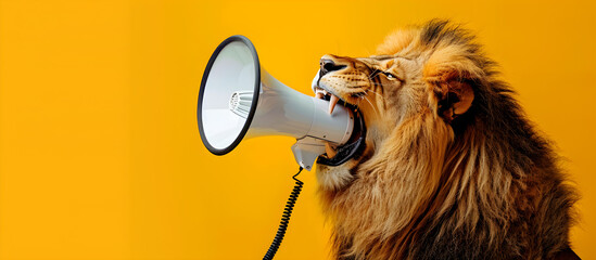 A lion roaring into a white megaphone on a yellow background, suitable for advertisement and event promotion, with copy space available.
