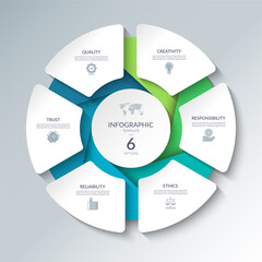 Infographic circular diagram with 6 options. Round chart that can be used for business analytics, data visualization and presentation. Vector illustration.