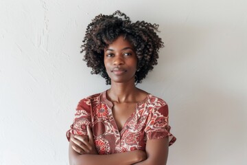 Portrait of a blissful afro-american woman in her 30s with arms crossed on white background